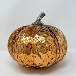Orange Blown Art Glass Pumpkin Swirl Metal Stem Fall Home Decor Light Up Festive